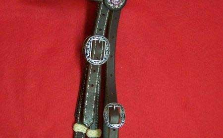 Headstall with fancy rosettes, rawhide knots, fancy buckles and turquoise Conchos