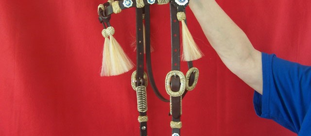 Headstall with cross Conchos, star Conchos, horse hair tassels and rawhide braiding